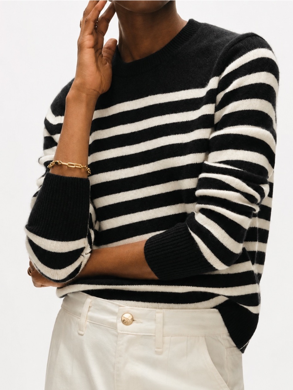 White + Warren 100% Cashmere Striped Crewneck Sweater XS Black Ivory